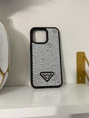 Prada iPhone 15 Pro Max Blackwith Silver Crystal Embellishment